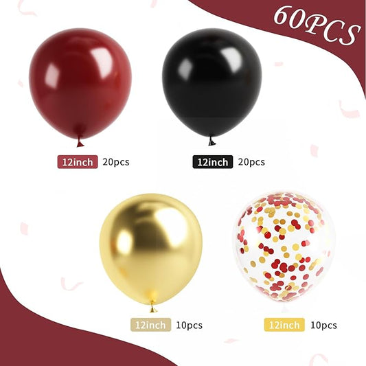 Black Burgundy Gold Balloon, 60 Pcs 12 Inches Burgundy Metallic Gold Confetti Balloons for Kids Magical Wizard Party Birthday Decorations Baby Shower Engagement Party Supplies