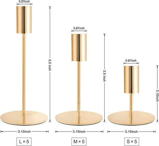 Gold Taper Candlestick Holders,Taper Candle Holders Set of 15,Metal Taper Candle Sticks Stand Holders,Modern Decorative Candle Holders for Wedding Certerpieces,Festive, Mantel,Home,Party