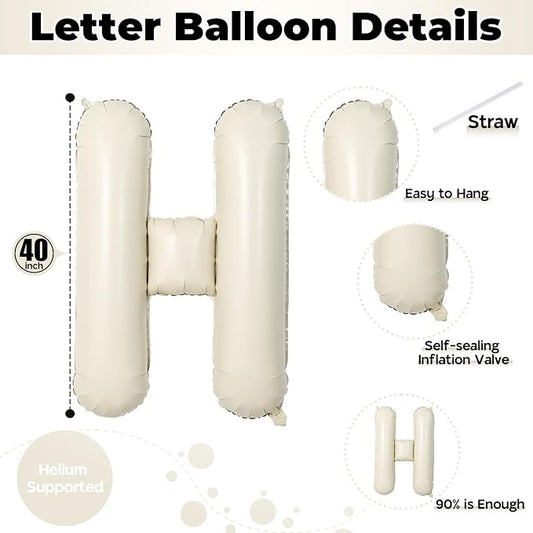 Giant Alphabet H Foil Name Balloons, Cream Ivory White Inflatable Word Balloons H Letters Birthday Decor, 40 Inch Mylar Beige A-Z Custom Letter Balloons for Girls Baby Shower Party Decoration Supplies