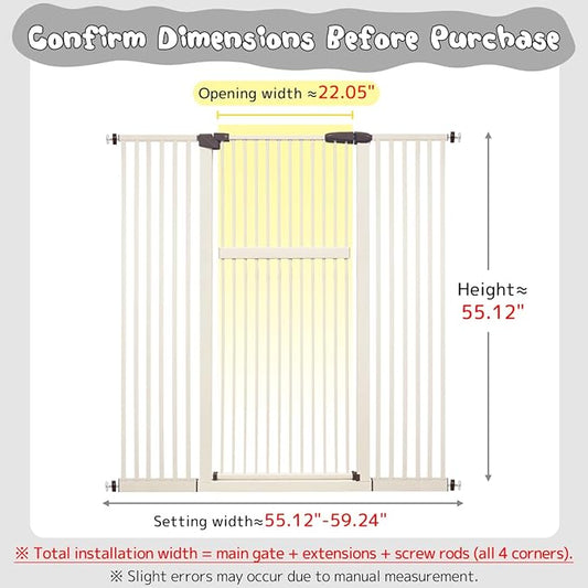 Lumizone Extra Tall Pet Gate 55.12" High Pressure Mounted 55.12"-59.24" Extra Wide (9 Sizes) 1.37" Gap for Cat Dog Stairs Doorway Hallway No Drilling Auto-Close (55.12"-59.24" W, Cream White)