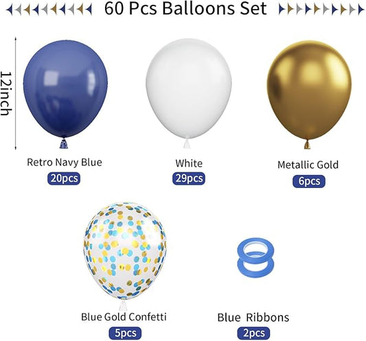 Navy Blue and Gold Balloons, 60Pcs Night Blue Gold Balloons, 12 Inch Metallic Gold Blue Confetti Balloons White Latex Balloons for Boys Birthday Baby Shower Wedding Graduation Party Decorations