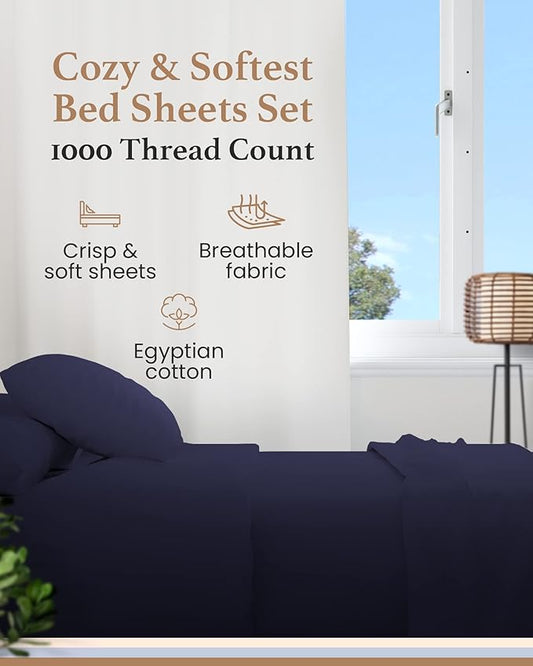 Good Sleep Bedding Twin Sheets Set - 100% Egyptian Cotton, Soft, 4Pc, 1000 TC, Deep Pocket, Hotel Quality, Navy Blue