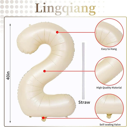 Cream 2 Balloons, 40 Inch Giant Helium Foil Number 0-9 Beige 2th Birthday Balloon for Boys Girls, Self Inflating White Sand Digit 2 Balloons for Women Men Anniversary Party Decorations Supplies