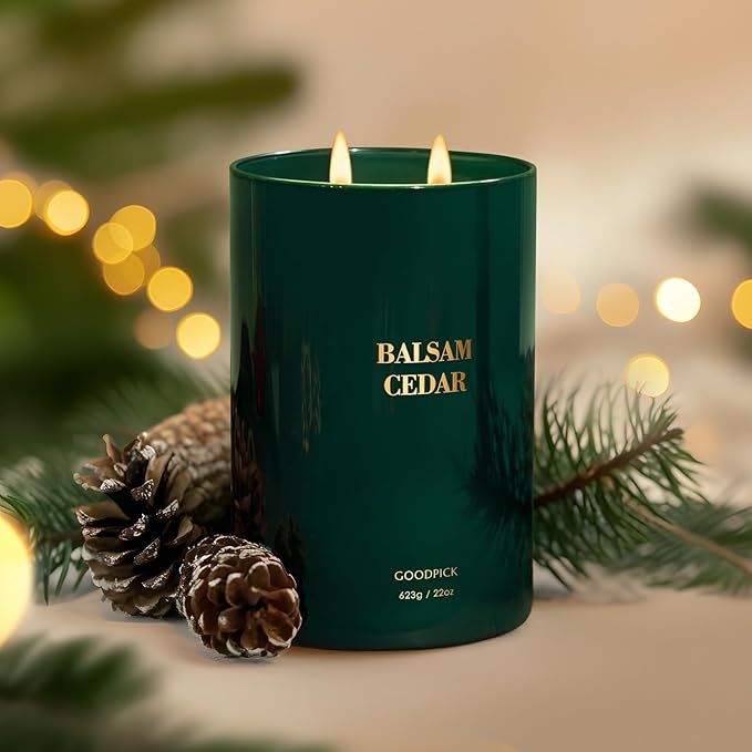 Goodpick Balsam Cedar Candle 22 oz, Pine Candles for Home Scented, Winter Candle for Classic Luxury Aromatherapy, Big Green Soy Candles, Large Jar Candle Gifts for Christmas, Birthday, Men, 2 Wicks
