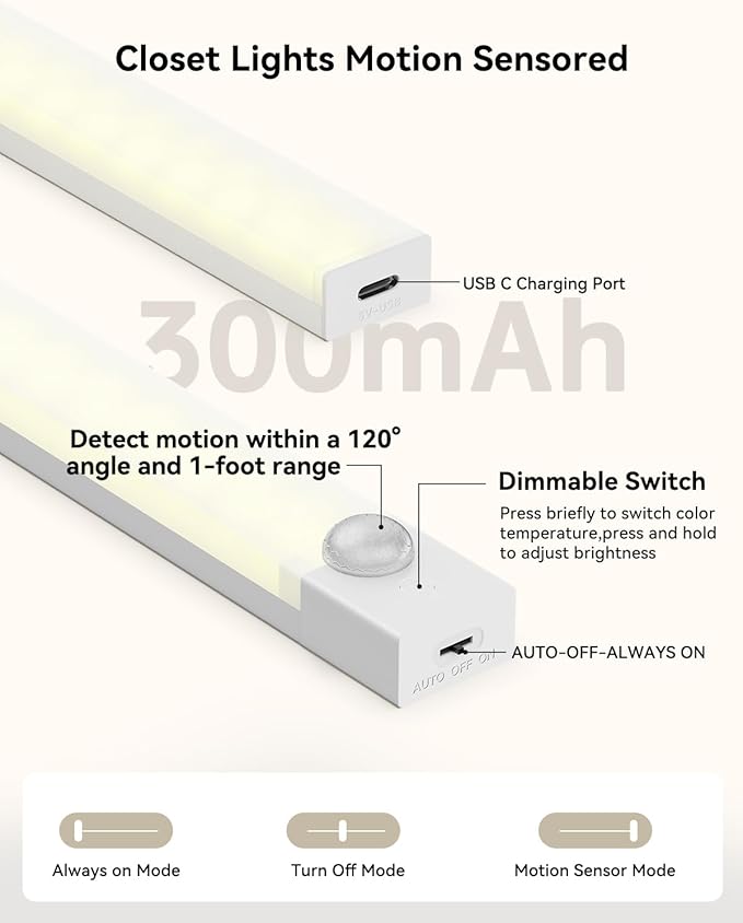 Under Cabinet Lighting 4 Inches Rechargeable Motion Sensor Light Indoor, 3 Color Dimmable Closet Light Battery Operated, USB Stick on LED Magnetic Under Counter Lights for Kitchen Stair, 6 Packs