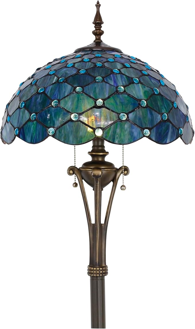 Tiffany Floor Lamp Sea Blue Stained Glass Pearl Standing Reading Light 16X16X70 Inches Antique Pole Corner Lamp Decor Bedroom Office Living Room