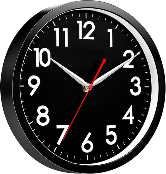AKCISOT Wall ClockModern Black Silent Non Ticking Wall Clocks Battery Operated 10 Inch,Small Analog Classic Clock Decorative for Bedroom, Kitchen, Home Office, Bathroom, School, Living Room