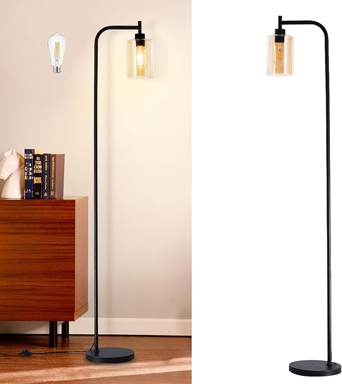 DLLT Floor Lamp Tall for Room: Black Standing Lamp with Amber Glass Lampshade for Living Room - Modern Bright Lamp for Bedroom - Industrial Corner Floor Lamps for Office 8W Led Bulb Included