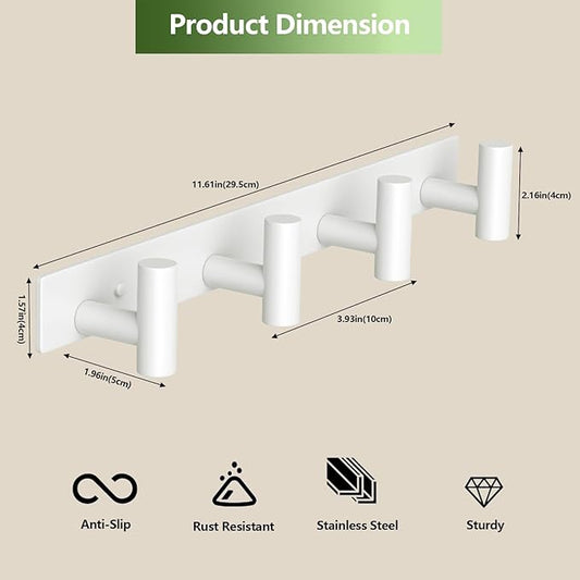 Wall Mounted Coat Rack-4 Hooks, Heavy Duty Stainless Steel Wall Hooks for Towel Coat Bag, Hat Rack Coat Hanger Coat Hooks Towel Racks for Bathroom Entryway Kitchen Office (White, 1 Pack)