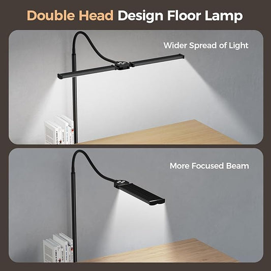 LED Floor Lamp for Living Room, Bright Reading Lamps for Office, Adjustable Colors Temperatures&Brightness, Dual Head Gooseneck Standing Lamp, Remote and Button Control,Eye-Caring Tall Lamp, Black