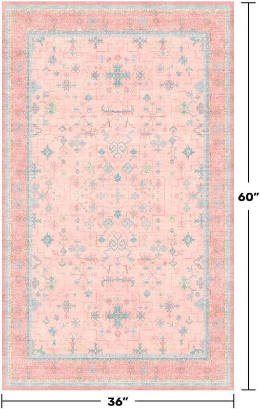 Washable 3x5 Pink Rugs for Girls Bedroom Beside Bed, Nursery Rug, Soft Faux Wool Low Pile Non Slip Stain Resistance Carpet, Pink & Blue
