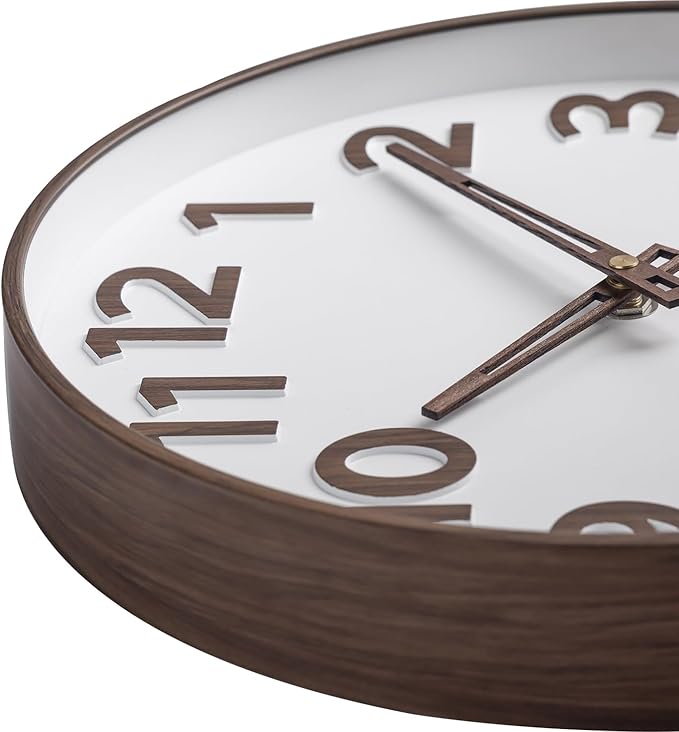 45MinST 12-Inch Modern Faux Wall Clock, Large Numbers, Silent Non-Ticking, Real Wood Hands, Accurate Timekeeping, Decorative Accent for Home or Office(Wood Color)
