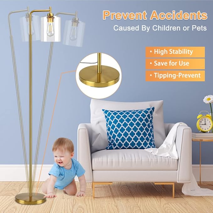 DLLT Floor Lamp Tall for Room: Gold Standing Lamp with Clear Glass Lampshade for Living Room - Modern Bright Lamp for Bedroom - Industrial Corner Floor Lamps for Office 8W Led Bulb Included