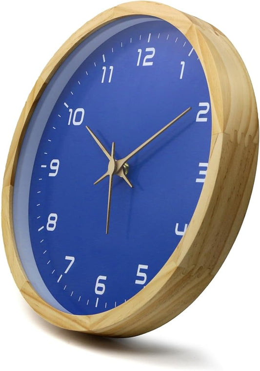 MEIRED Wooden Wall Clock 12 Inch Silent Non Ticking Wall Clocks Battery Operated Wood Analog Retro Round Clock Decorative for Kitchen,Home,Living Room,Classroom, Log Blue