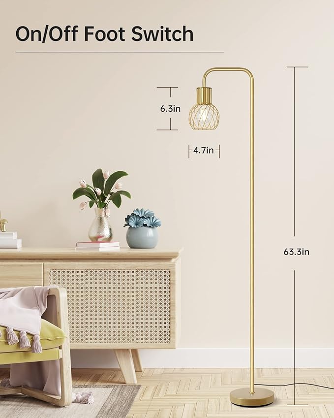 Brass Gold Standing Floor Lamp for Living Room - Modern Industrial Design with 6W LED Bulb, Foot Switch, Metal Tall Stand, Minimalist Farmhouse Boho Style for Bedroom & Office