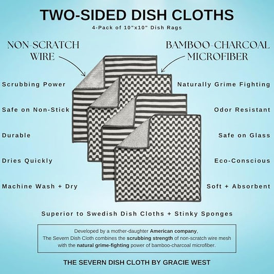 Severn Dish Cloths for Washing Dishes 4pk. No-Smell Dish Rags with Non-Scratch Wire Scrubber Side for Kitchen Cleaning. Grime-Fighting Bamboo-Charcoal Microfiber 2-Sided Dishrags. Machine Wash + Dry