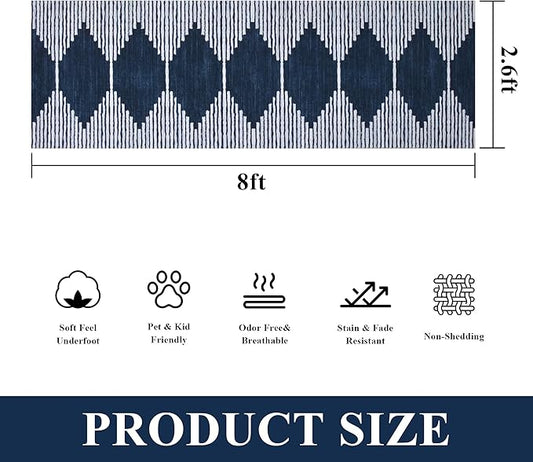HelloTree Hallway Runner Rug,2.6x8 Moroccan Modern Stripe Carpet Washable Machine Bathroom Runner Bohemian Design Modern Soft Non Slip Indoor Rug for Entryway Hallway Laundry Room Bedroom-Blue