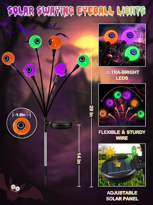 6 Pack Halloween Decorations Outdoor Solar Eyeball Lights, Purple Orange and Green Scary Eyeball Swaying Firefly Lights with 2 Modes, Waterproof Halloween Pathway Lights for Yard Garden Party Decor
