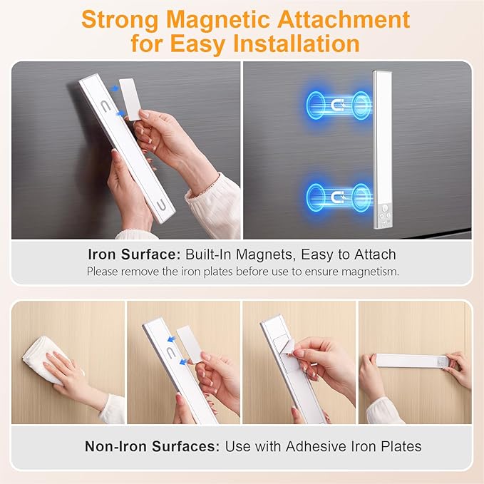 Gritin 10.2inch Under Cabinet Lighting Rechargeable -84 LED Super Bright,3-Color& 5 Level Brightness,4 Modes,Motion Sensor,Long Lasting- Easy Installation Magnetic Under Cabinet Closet Lights -2 Pack