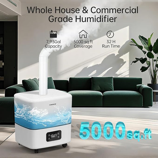 YOKEKON Humidifier Large Room 5000 sq.ft, 30L/7.93Gal Commercial Whole House Humidifier, Top-Fill Humidifiers for home with Extension Tube, Ideal for Plants, Office, Warehouse & Greenhouse