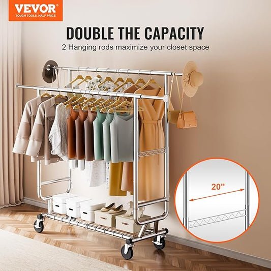 VEVOR Clothes Rack, Rolling Clothing Garment Rack, Extendable Carbon Steel Clothing Racks with Wheels for Bedroom, Laundry, Living Room