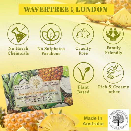 Wavertree & London Pineapple, Coconut & Lime Scented Natural Soap (8 Bars), 7oz Moisturizing French Triple Milled Soap Bars enriched with shea butter - Plant Oil Bath & Body Bars for All Skin Types