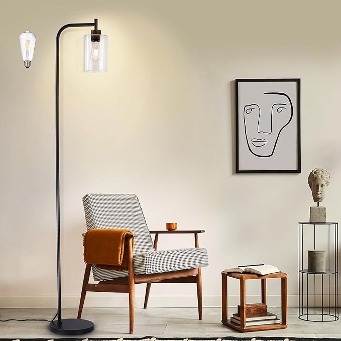 DLLT Floor Lamp Tall for Room: Black Standing Lamp with Seeded Glass Lampshade for Living Room - Modern Bright Lamp for Bedroom - Industrial Corner Floor Lamps for Office 8W Led Bulb Included