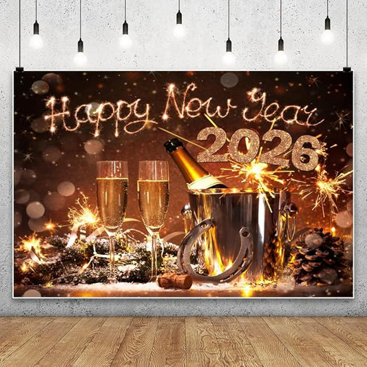 AOFOTO 8x6ft Happy New Year 2026 Backdrop Champagne Wine Beer Gold Sparklers Fireworks Bokeh Light Spot New Year's Eve Backdrop Banner Carnival Celebration Background Party Decorations Props
