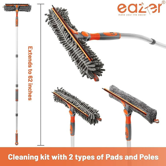 Eazer Squeegee Window Cleaner 2 in 1 Rotatable Window Cleaning Tool Kit with Elbow/Straight Extension Pole, 62‘’ Window Washing Equipment with Bendable Head for Indoor/Outdoor Car Glass
