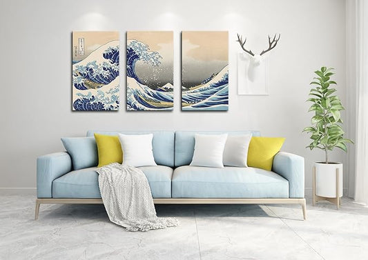 The Great Wave off Kanagawa (Triptych), Katsushika Hoki Wall Art Decor, Classic Painting Abstract Seascape Canvas Print Pictures, Modern Japanese Artwork for Living Room Decoration - 12"x24"x3 Pcs