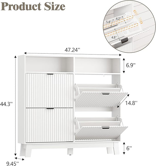 Shoe Cabinet Storage for Entryway with 4 Flip Drawers, Fluted Narrow Shoe Organizer with Wooden Legs & Top Cubby, Freestanding Slim Shoe Storage Hidden Shoe Rack for Front Door Entrance, White
