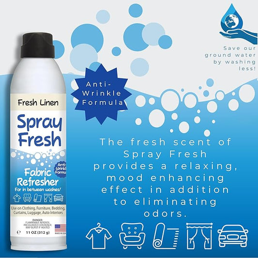 Spray Fresh Fabric Refresher - Deodorizer & Freshener for Clothing, Bedding, Furniture & More - Eliminate Smoke Smell & Pesky Odors - Helps Prevent Fabric from Wrinkling (Fresh Linen 3.5oz)
