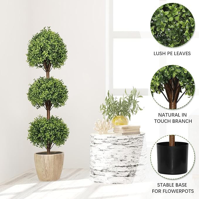 THE BLOOM TIMES 55" Tall Artificial Boxwood Triple Ball Topiary Trees, UV Resistant Large Fake Potted Plants for Outdoor Planter, Realistic Faux Bushes Shrubs for Front Porch Outside Decor Set of 2