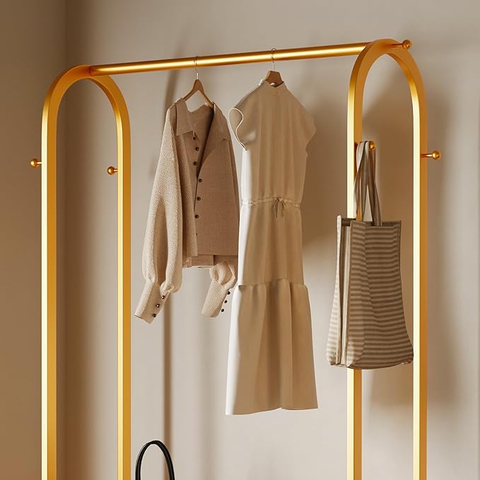 Sturdy heavy duty clothes rack,Gold clothing rack with bottom shelves and 6 side hooks,Metal garment rack for hanging clothes