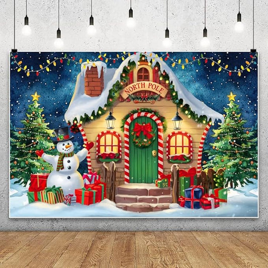YongFoto Merry Christmas Backdrop 10x6.5ft North Pole Night Sky Pine Forest House Snowman Xmas Tree Photography Background 2026 New Year Winter Holiday Party Banner Photoshoot Wallpaper Photo Booth