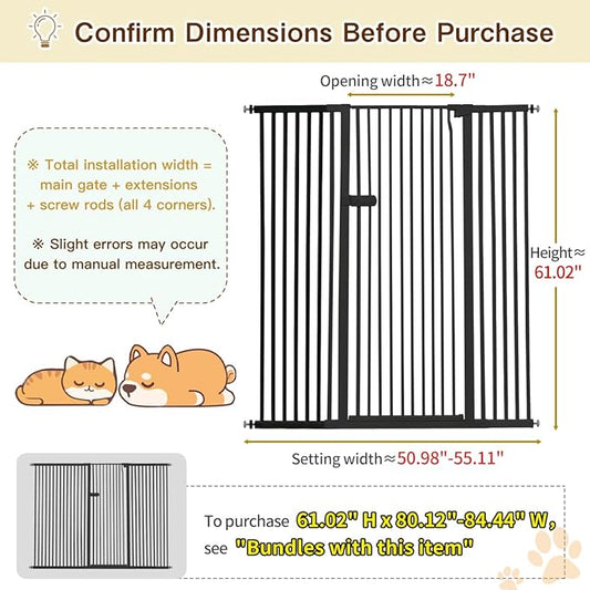Lumizone Extra Tall Cat Gate 61.02" High Pressure Mounted Extra Wide 2025 New (17 Sizes) 1.37" Gap No Drilling Auto-Close One-Handed Operation Tall Pet Gate for Dogs(Black, 61.02" H x 50.98"-55.11" W)