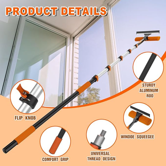 30FT Reach Window Squeegee with Extension Pole, 2-in-1 Professional Window Washing Kit for Home, Indoor Outdoor Squeegee with Rotatable Head for High Windows