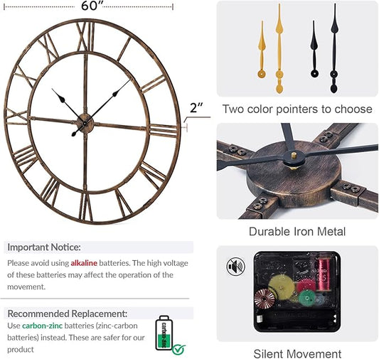Large Wall Clock for Living Room Decor – 60 Inch Silent Non-Ticking Modern Farmhouse Wall Clock, Oversized Decorative Metal Roman Numeral Clock (Bronze, 60 Inch)