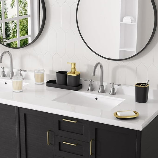 Bathroom Accessories Set - Black Bathroom Set, 9PC Bathroom Accessory Set with Trash Can, Toilet Brush, Qtip Holder Dispenser & Soap