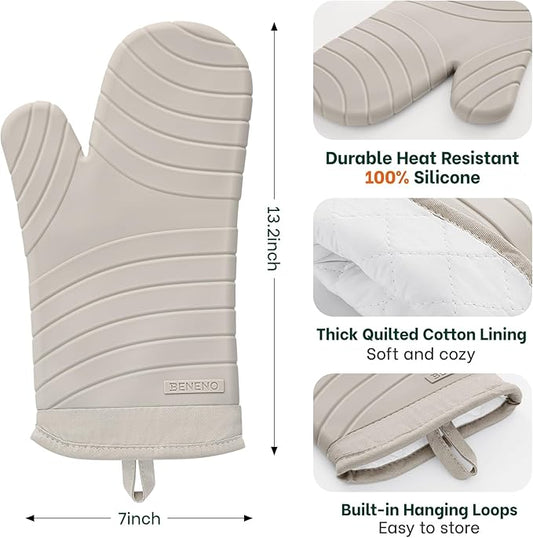 Beneno Premium Silicone Oven Mitts 2-Pack Heat Resistant 500°F, Soft Flexible Non-Slip Grips, BPA-Free & Waterproof Oven Mitts with Comfort Cotton Lining for Baking, Grilling, Cooking, 7"x13", Beige