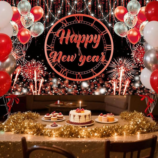 MEHOFOND Happy New Year Backdrop 2026 New Year Party Decorations Banner Red Sliver Black Happy New Year's Eve Banner White and red Balloons Glitter New Years Backdrop 6x3.6ft