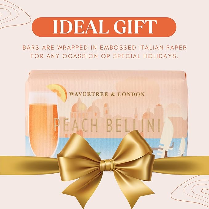 Wavertree & London Peach Bellini Scented Natural Soap Bar, 7oz Moisturizing French Triple Milled Soap Bar for Women & Men Enriched with Organic Shea Butter, Pure Bath & Body Soap (1 Bar)