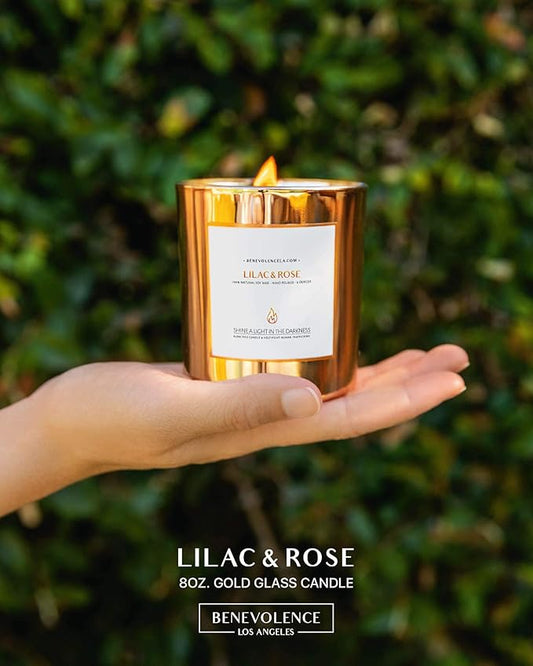 Benevolence LA Lilac & Rose Wood Wick Candles | Soy Scented Candles for Home | Gifts for Women and Men | Home Fragrance | Aromatherapy | Shelf Decor, Bathroom Freshener | 8oz, 45 Hour Burn