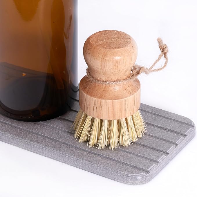 Bamboo Dish Brush Scrubber 3 Pack for Cleaning Pot Pans Hanging Rope Kitchen Dishwashing