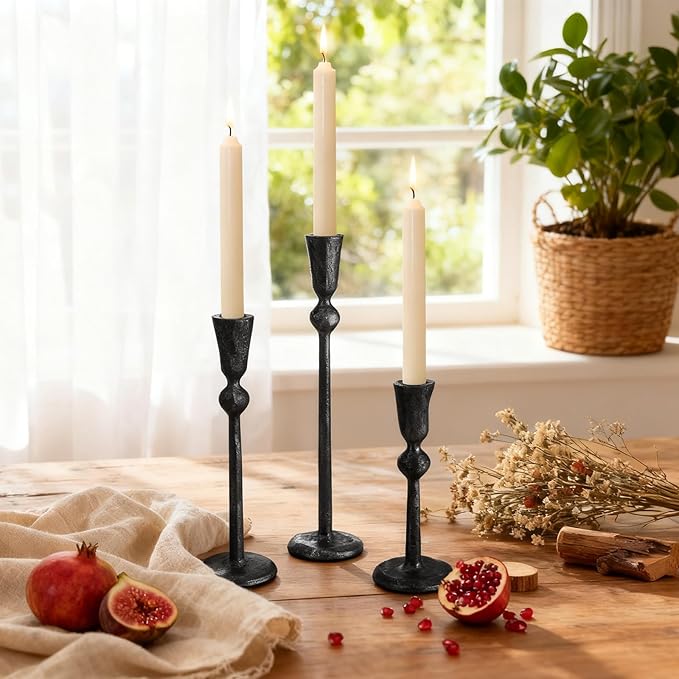 Set of 3 Antique Black Taper Candle Holders Cast Iron Candlestick Holder for Table Centerpieces Wedding Holiday Decor Vintage Decorative Candelabra Style Candle Stick Stand