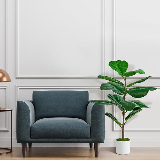 Artificial Mini Fiddle Leaf Fig Tree 31.5 Inch, Fake Plants Indoor Artificial Tree, Faux Fig Trees in White Pot for Housewarming Office Desk Home Green Decor