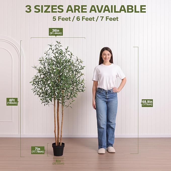 6FT Olive Tree Artificial Indoor Faux Plant - Tall Fake Silk Tree, Natural Trunk, Easy Maintenance Fake Tree Home Decor - Large Indoor Plant for Living Room, Office, Modern Home,VN356