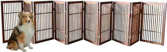 Pet Dog Gate Strong and Durable Freestanding Folding Acacia Hardwood Portable Wooden Fence Indoors or Outdoors by Urnporium (Brown Pet Gate, 10 Panel 30" Tall)