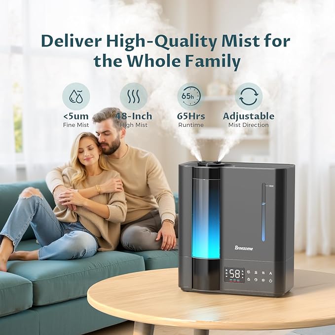 BREEZOME 8L Humidifiers for Bedroom, Smart Warm & Cool Mist for Large Room Home, Top Fill Ultrasonic Humidifier, Humidity Sensor, Essential Oil, 65H Runtime, Quiet for Baby, Plants, Fast Relief