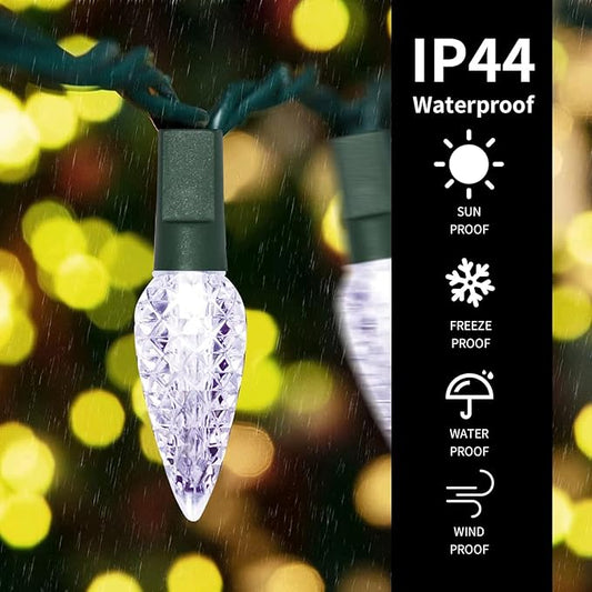 100LED C6 Lights,Green Wire,Waterproof Battery Case,Multi Functions,Timer,Cool White(2 Sets - Each 50 Count LED)
